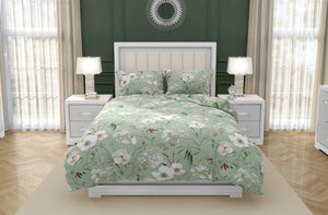 Памучно спално бельо Магнолия в зелено и екрю от памук ранфорс, 3 части - 2